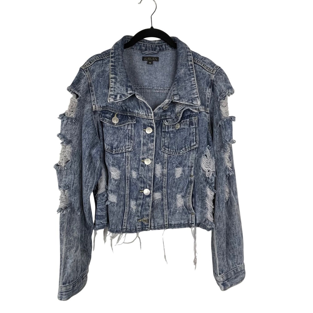 KROIX Denim Jacket Womens 3X Blue Acid Wash Distressed Ripped Cotton Edgy Grunge